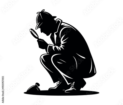 A detective in silhouette examines clues with a magnifying glass.