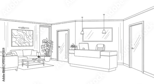 A minimalist outline of a modern office reception area with furniture and artwork presented as a silhouette high quality professional detailed