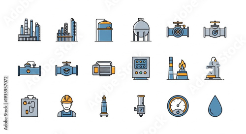 Industrial equipment and factory icons set.