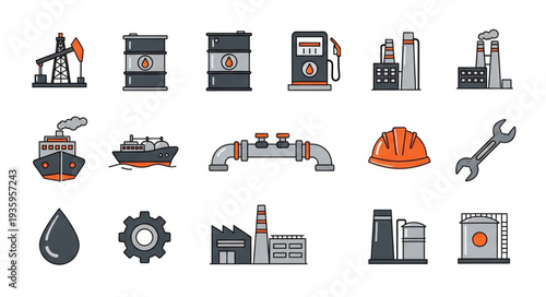 Industrial icons representing oil and gas industry elements.