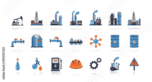 Industrial Icons Set Oil Gas Energy Production Manufacturing.