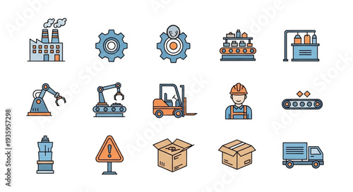 Industrial icons set factory robot forklift and worker symbols.