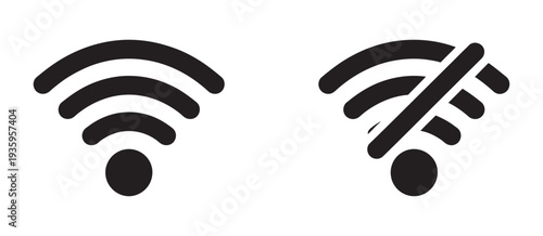 Wi-Fi and no Wi-Fi icons, signal one connected, one crossed out, offline mode, wireless internet, network devices, tech interface