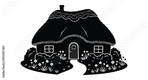 A charming black silhouette of a quaint thatched roof cottage surrounded by blossoming flowers and foliage silhouette high quality professional detailed modern