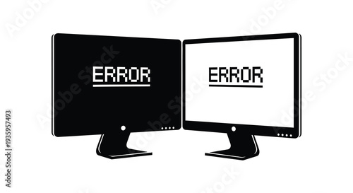 Two computer monitors displaying an error message one black and one white creating a striking visual contrast silhouette high quality professional