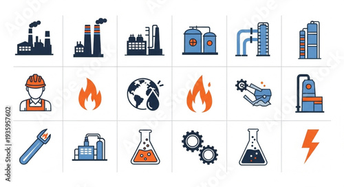 Industrial Icons Set Factory Energy Machine Tools.