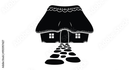 A striking black silhouette of a thatched roof cottage with a stone pathway leading to its doorway silhouette high quality professional detailed