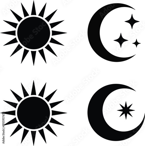 Contrasting celestial symbols of sun and moon with varying star decorations Vector