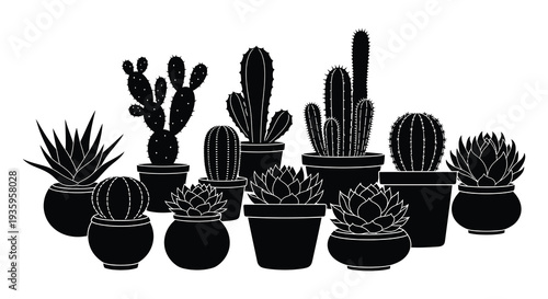 A collection of various potted cacti and succulents are depicted in a striking black silhouette high quality professional detailed modern elegant