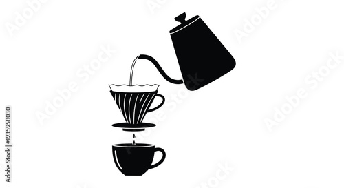 A black silhouette depicts a pour over coffee setup with a kettle dripper and cup creating a modern aesthetic silhouette high quality