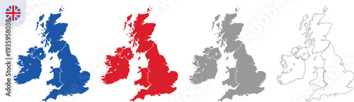 United Kingdom Map Vector Illustration with Blue Red and Gray Color Variations, UK Country Map Outline Isolated on Transparent Background, Editable AI EPS10 JPG PNG Geography Design.