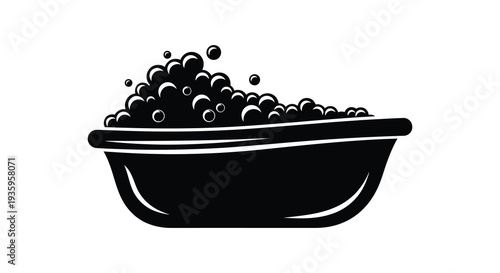 A black and white illustration depicts a bathtub filled with bubbles presented as a striking silhouette high quality professional detailed modern
