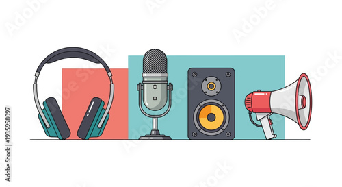 A colorful arrangement of audio equipment including headphones a microphone speaker and megaphone silhouette high quality professional detailed modern elegant stylish