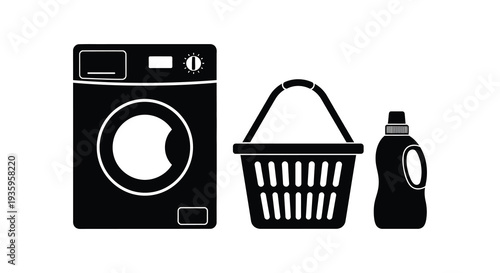 A collection of laundry items including a washing machine basket and detergent depicted in black silhouette high quality professional detailed modern