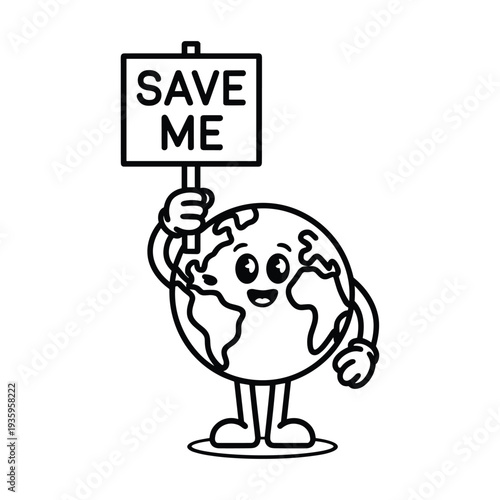Cute cartoon Earth character holding a sign that says save me isolated on transparent background