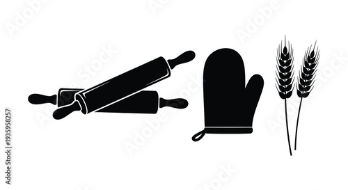 A black silhouette depiction of baking tools a rolling pin oven mitt and wheat stalks silhouette high quality professional