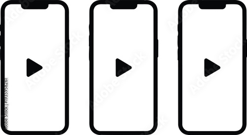 Three smartphones displaying a play button on their screens in a row Vector