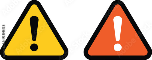 Two triangular warning symbols with different background colors and an exclamation mark inside. Vector