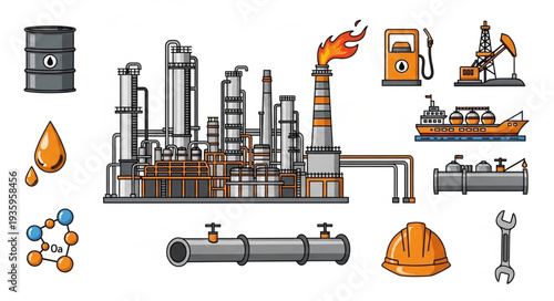 Oil refinery and related industry icons illustration.