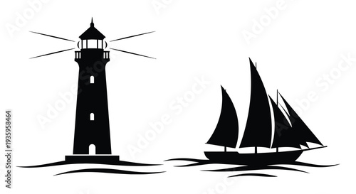 A striking black silhouette depicts a coastal scene with a tall lighthouse and a sailing ship on the water silhouette