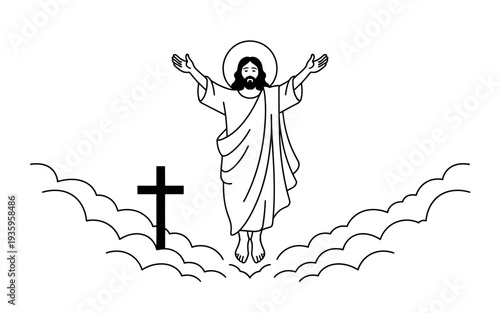 A black and white illustration of Jesus Christ standing on clouds with his arms outstretched and a cross beside him.