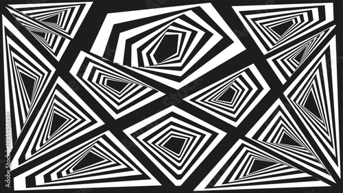 Black and white geometric pattern with layered diamond shapes.