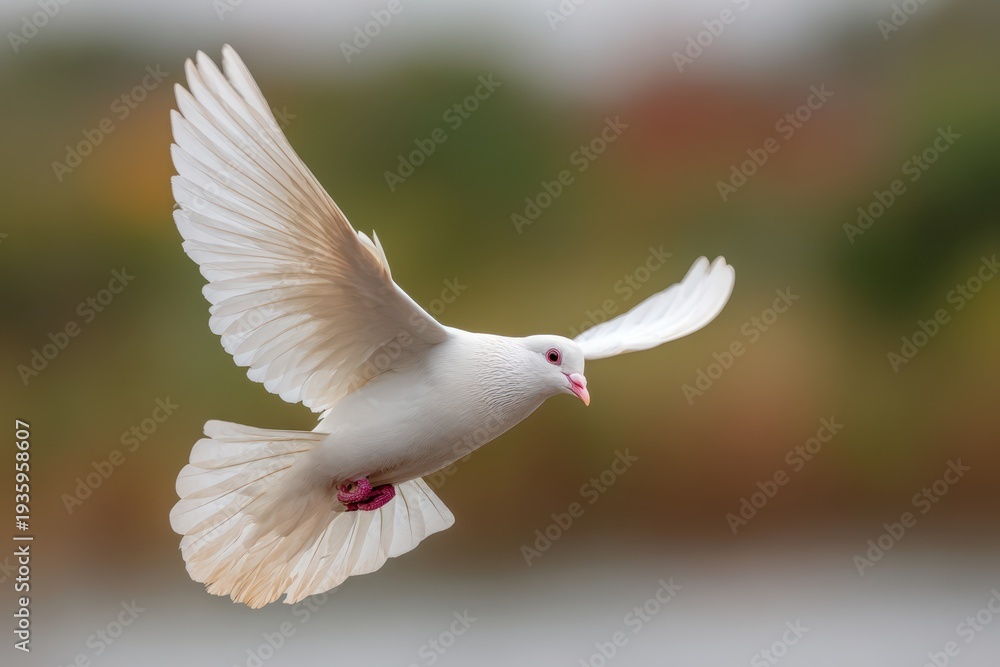 Obraz premium White dove in mid-flight with outstretched wings against a soft sky backdrop