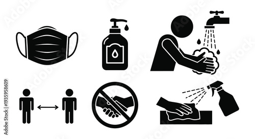 Illustrations depict preventative health measures including mask wearing handwashing and social distancing a bold silhouette high quality professional detailed modern