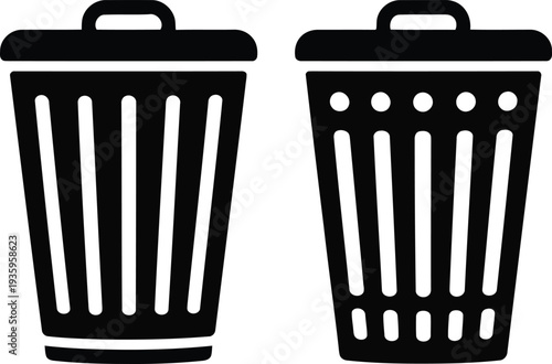 Two black trash bins with different lid designs placed side by side Vector