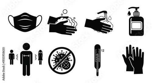 Public health icons depicting hygiene practices social distancing and virus prevention in a stark silhouette high quality professional detailed modern elegant