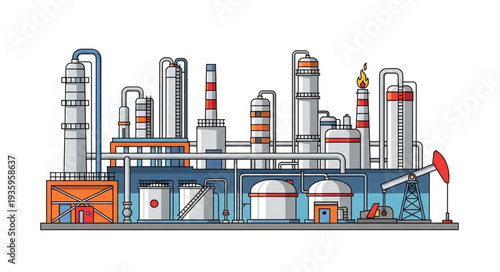 Industrial oil refinery complex with distillation towers and storage tanks.