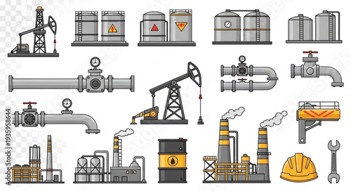 Oil industry equipment and machinery collection vector illustration.