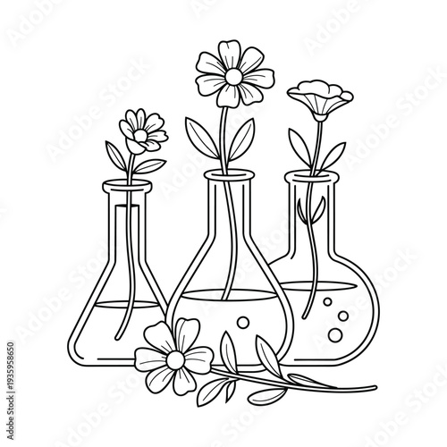 Illustration of three laboratory flasks holding blooming flowers and plants against a white background