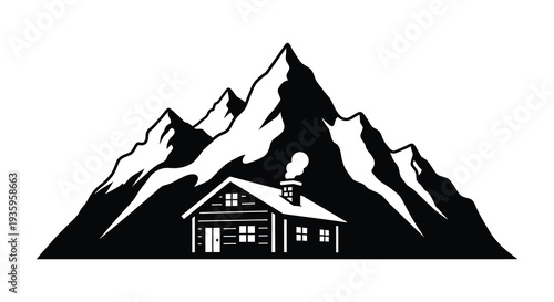 A striking black and white landscape depicts a cabin nestled amongst jagged mountains a bold silhouette high quality professional detailed modern