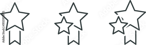 Three black outlined star shapes with ribbons on a white background