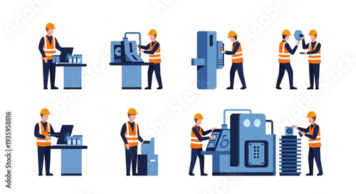 Factory workers operating machinery and collaborating in a modern industrial setting.