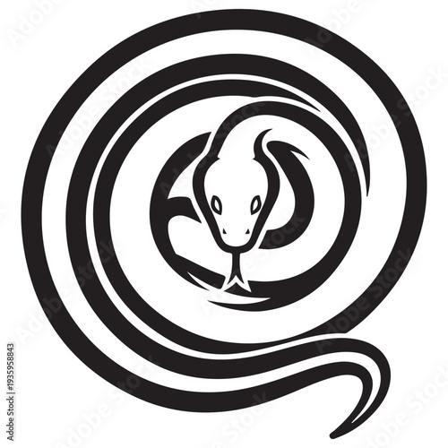 Stylized Coiled Snake Vector Illustration Featuring a Serpent in a Circular Tribal Design with a Flicking Tongue, Perfect for Modern Logos, Tattoos, and Graphic Emblems on White Background.