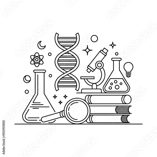 Scientific research and discovery concept with DNA helix and laboratory equipment illustration