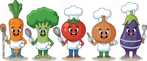 Cute and funny cartoon vegetables dressed as chefs, holding kitchen utensils, ready for a culinary adventure in animation or food branding.