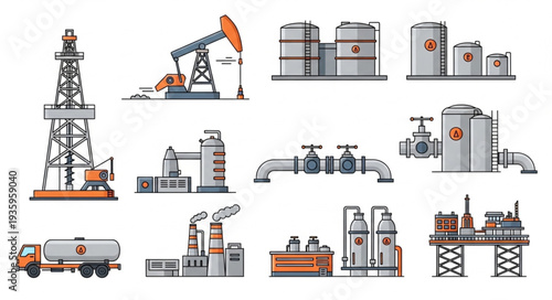 Oil industry equipment and machinery collection illustration.