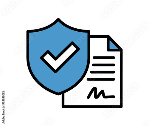 A blue shield with a checkmark and a document icon on a white background, symbolizing security and verification.