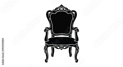 An ornate black chair with a high back and curved arms is presented as a striking silhouette high quality professional detailed