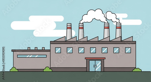 Industrial Factory Building with Smoke Emitting from Chimneys.