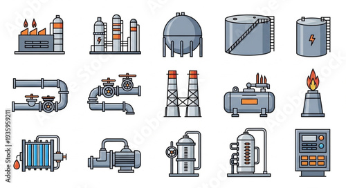 Industrial factory and plant equipment icons set.