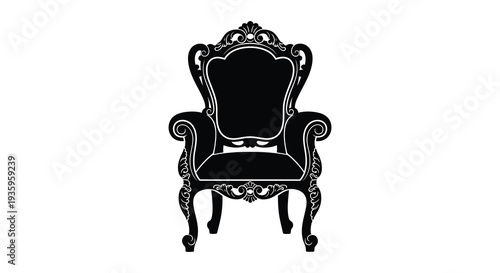 An ornate black armchair is prominently displayed against a white background creating a stark silhouette high quality professional detailed modern elegant