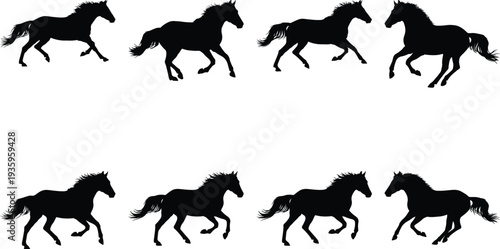 Collection of eight powerful black horse silhouettes captured in diverse running strides, illustrating speed, agility, and majestic equine motion for digital and print media.