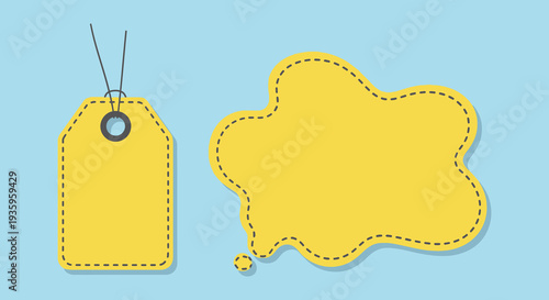 Two yellow tag shapes with dashed outlines hang against a light blue background a playful silhouette high quality professional detailed modern