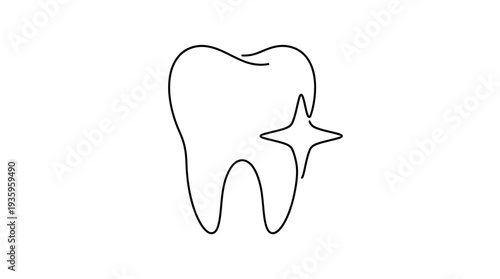 Tooth with Sparkle One-Line Icon, Single Continuous Line Minimal Dental Hygiene Outline