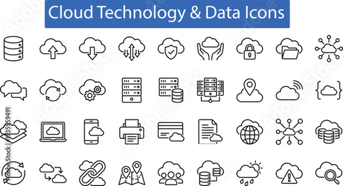 vector thin line icons related with cloud computing, technology, infrastructure and data. Editable stroke