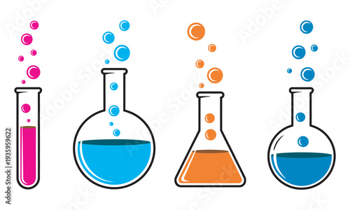 Laboratory equipment with bubbling colorful chemicals, chemistry experiment, science glassware, lab tools, chemical reaction, vector design set
